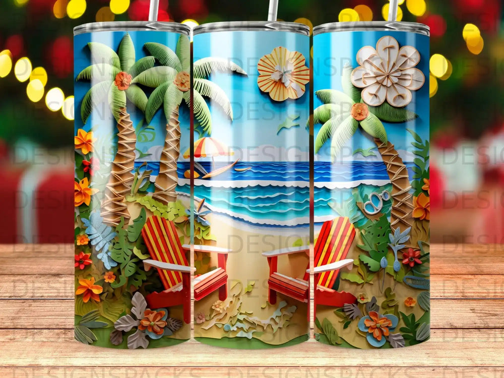 Tropical beach scene with Adirondack chairs, palm trees, and ocean waves.