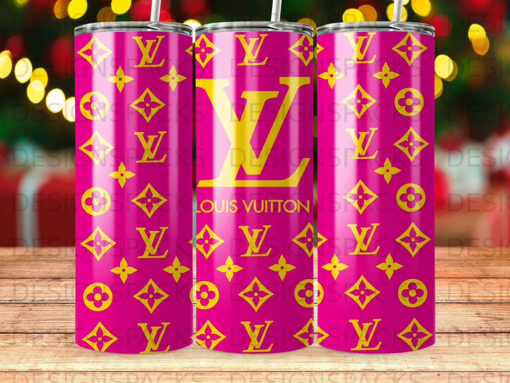 Pink tumbler with Louis Vuitton monogram pattern.