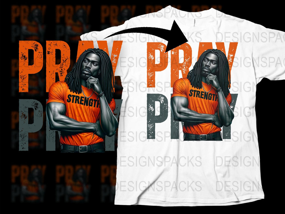 Men's Pray and Strength Graphic T-Shirt, Bold Orange Black Fitness Shirt, Inspirational Muscle Tee, Workout Apparel, Gift for Him