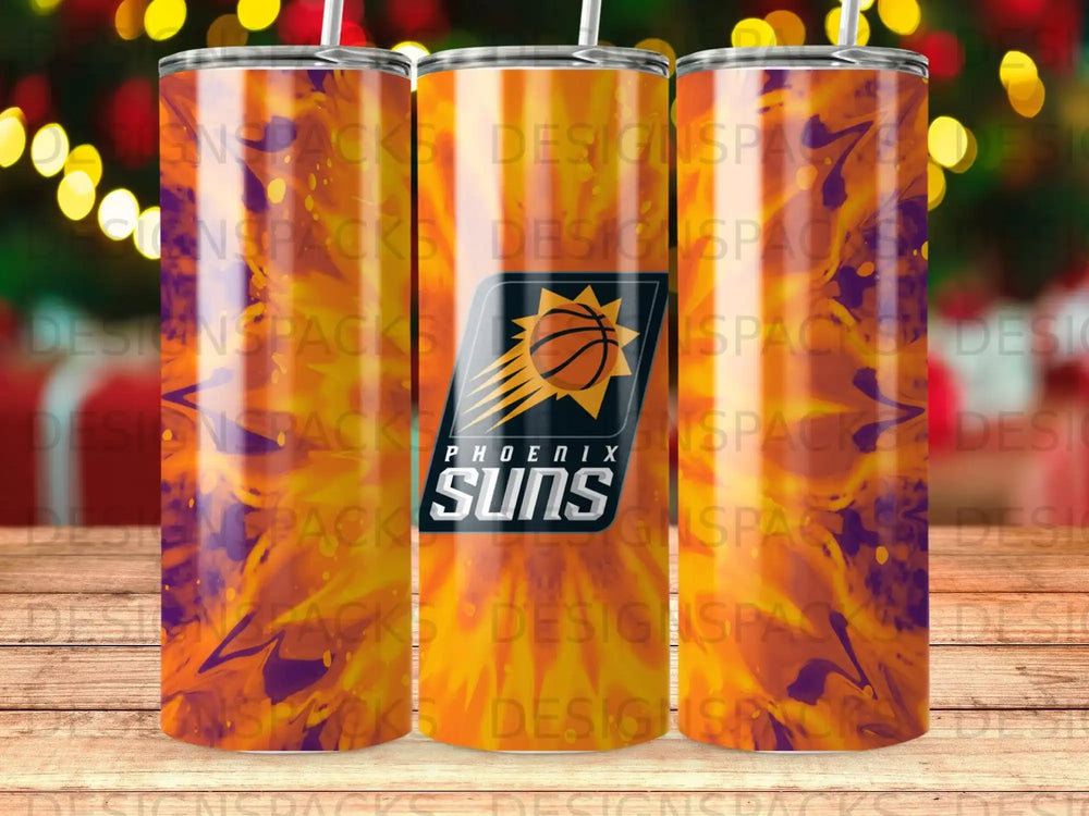 Phoenix Suns basketball logo on a colorful, gradient tumbler wrap.