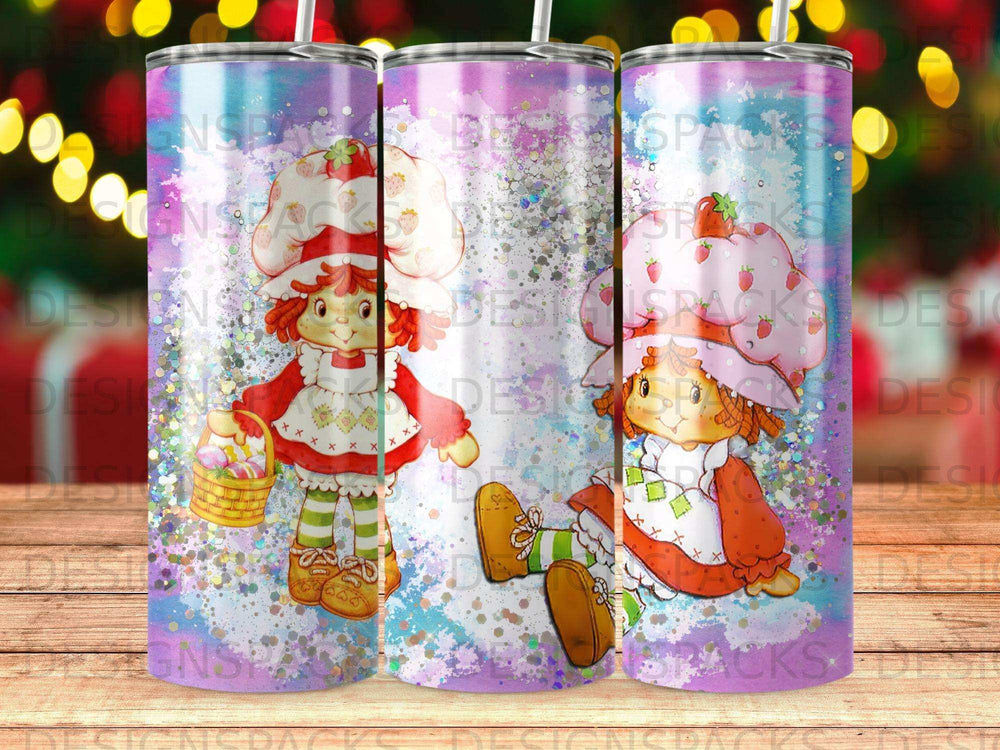 Strawberry Shortcake with basket and glitter pattern on a tumbler.