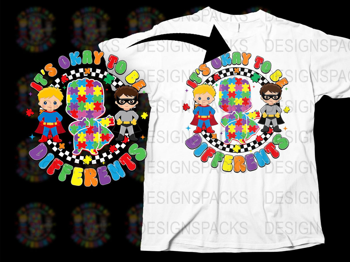 Kids Autism Awareness T-Shirt, Colorful Puzzle Pieces, Superhero Design, It's Okay to Be Different