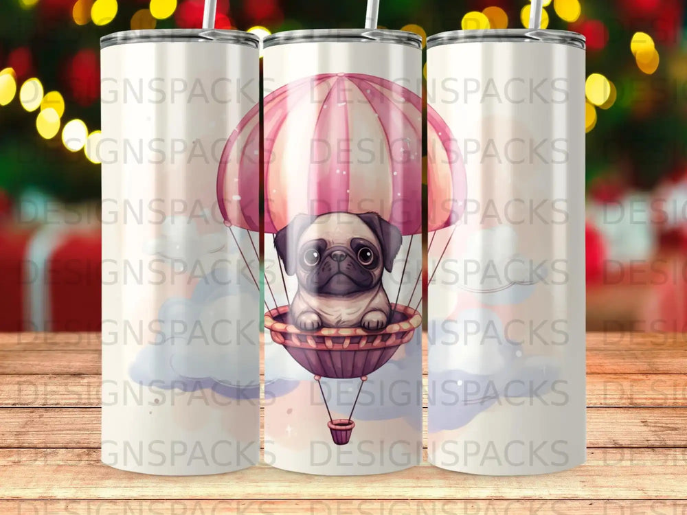 Pug in hot air balloon on tumbler, with repeating watermark.
