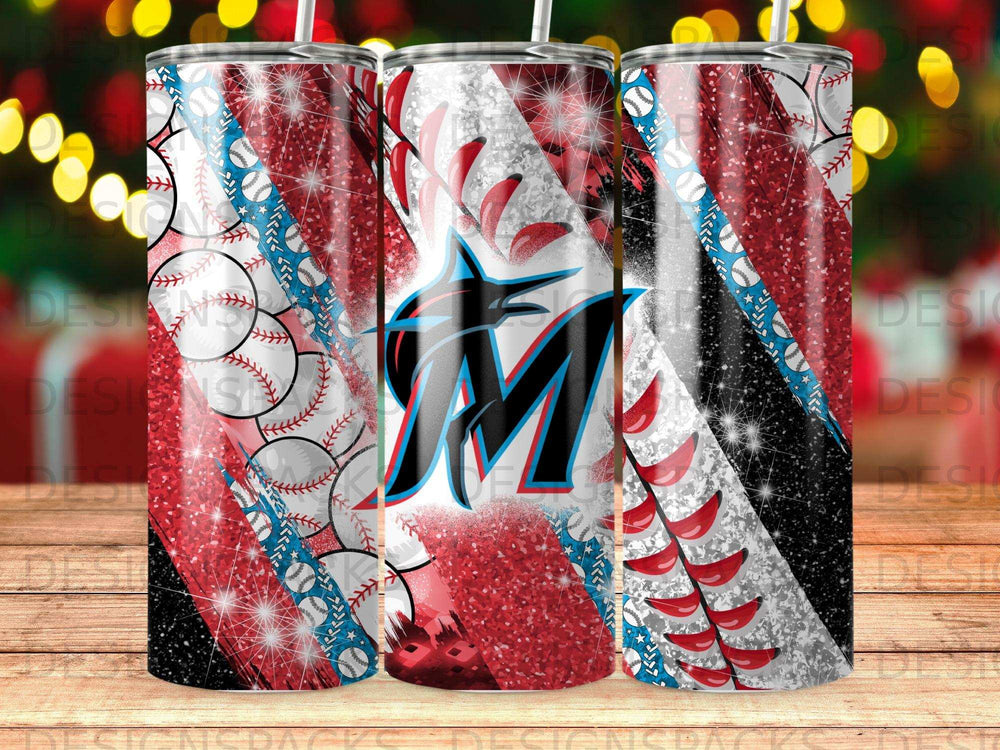 Three tumblers decorated with baseballs, glitter, and a Marlins logo.