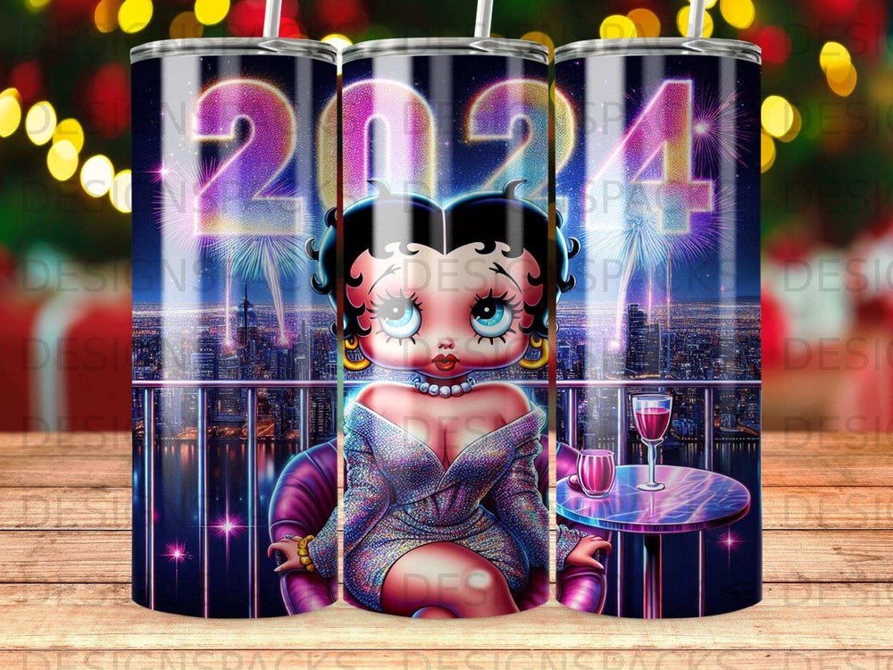 Betty Boop seated at a table with 2024 fireworks in the background.