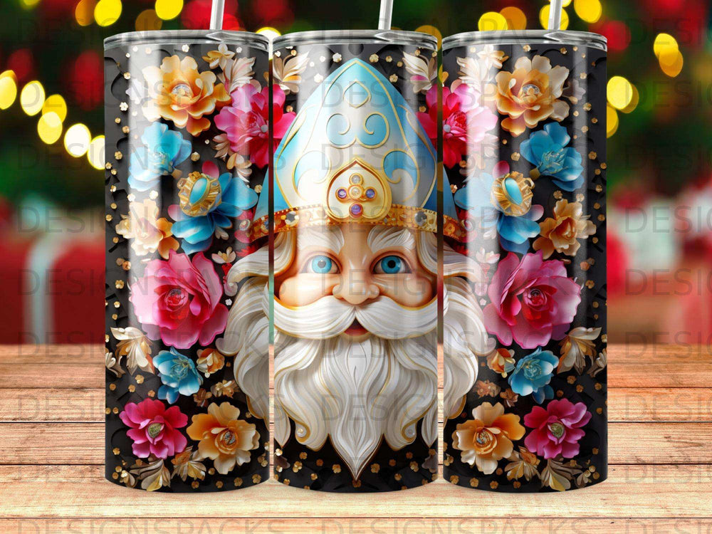 Santa Claus portrait with vibrant flowers on a black background.