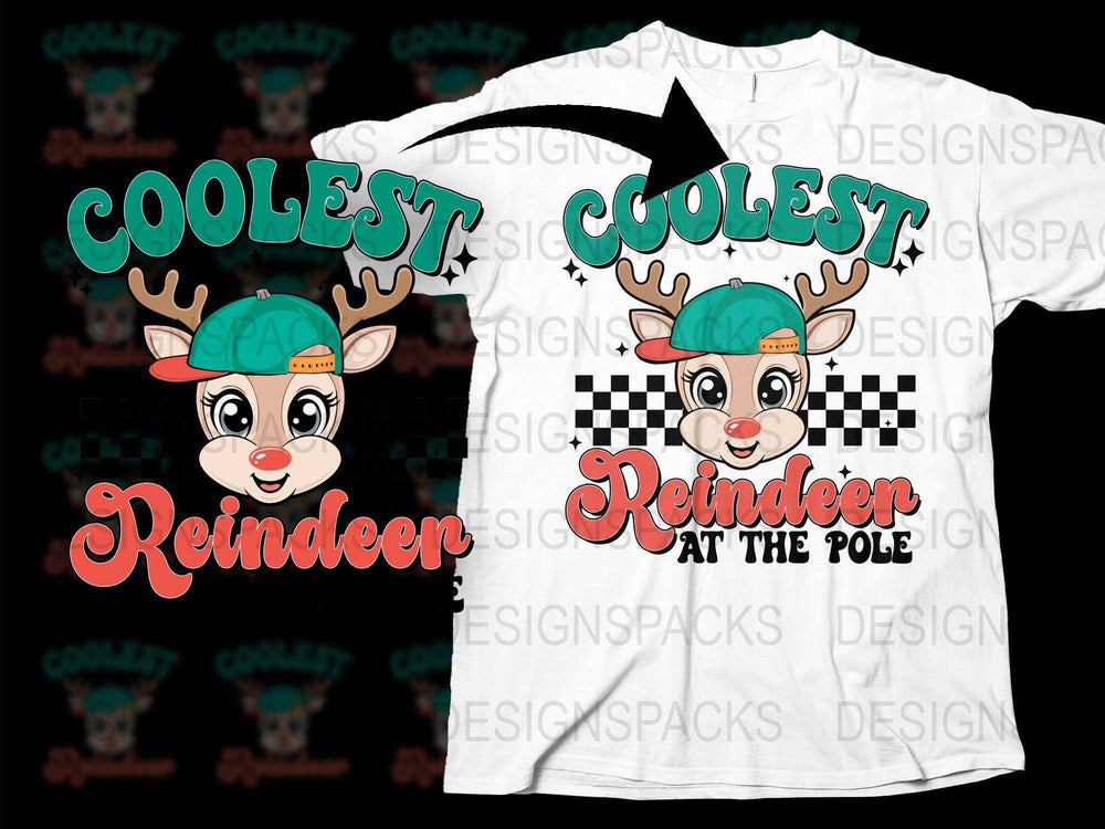 Coolest Reindeer at the Pole T-Shirt, Checkered Pattern, Youth and Adult Sizes, Festive Holiday Apparel, Christmas Gift Idea