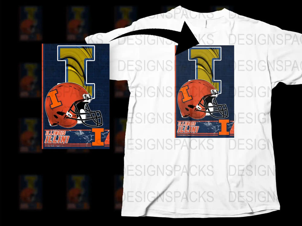 Illinois Football Helmet Graphic T-Shirt, University Team Sports Fan Apparel, College Game Day Clothing, Orange and Blue Design