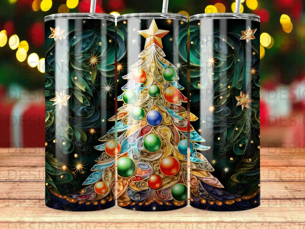 Festive Christmas tree with ornaments and bokeh lights pattern on a tumbler.