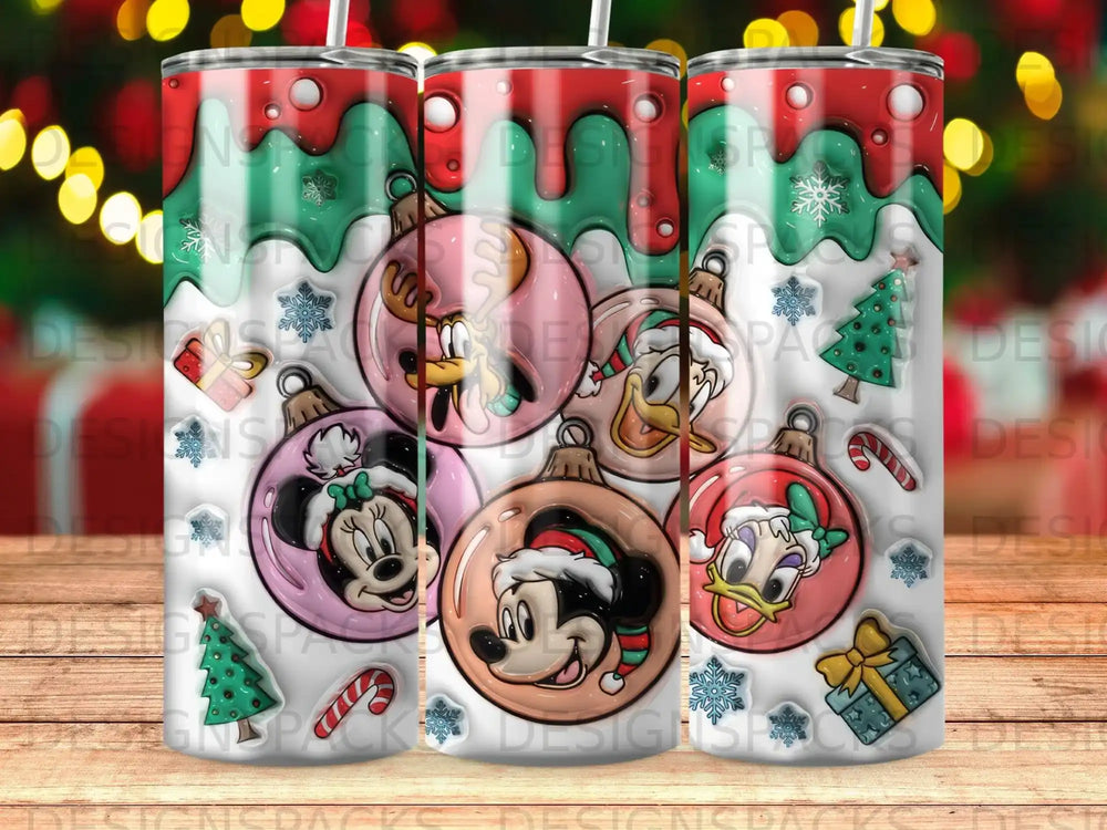 Minnie Mouse, Mickey Mouse, Donald Duck, and Daisy Duck on Christmas ornaments.