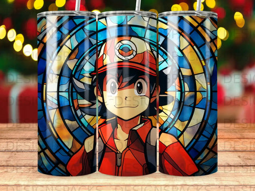 Anime character in stained glass, stylized on three tumblers.