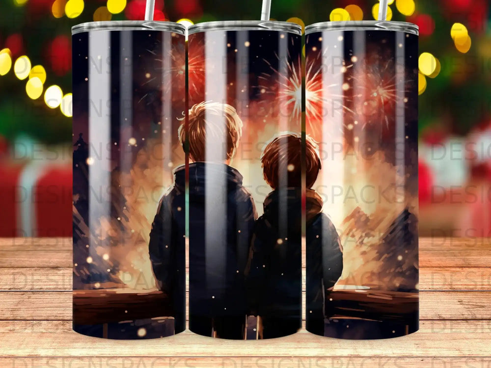 Two children watch fireworks over a city at night.