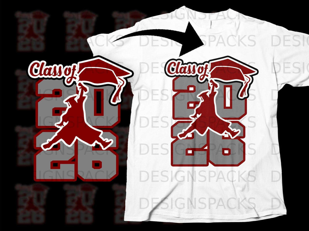 Graduation design with "Class of 2026" and a leaping cap and gown figure.