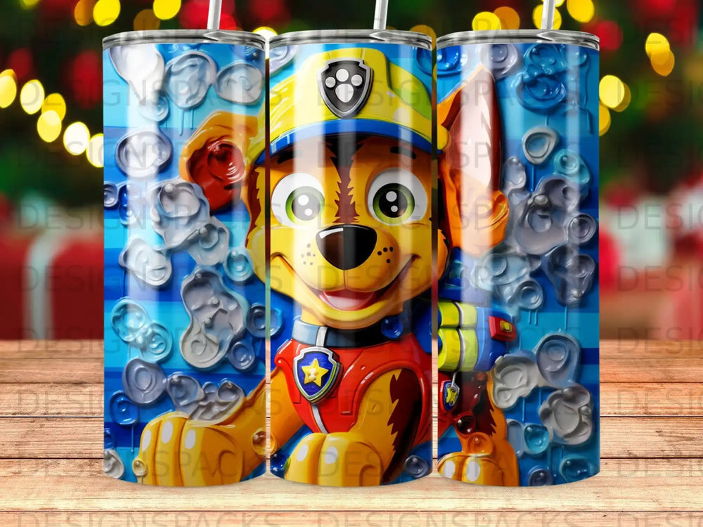 Marshall from Paw Patrol in a close-up, cheerful portrait with blue wavy background.