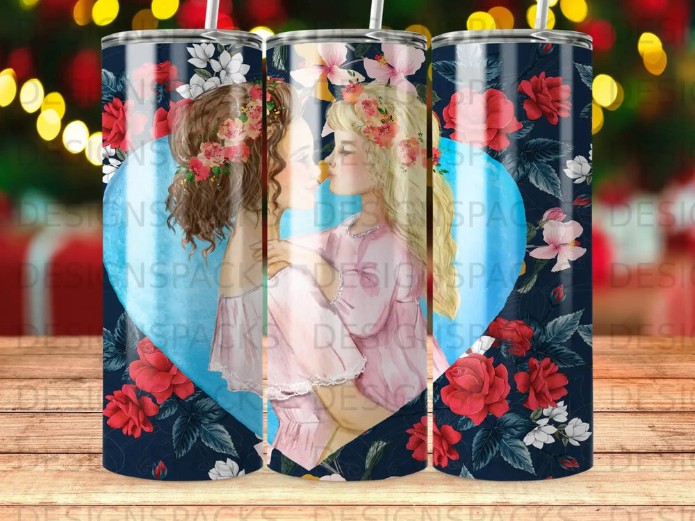 Two women kissing, surrounded by dark blue floral pattern and red roses.
