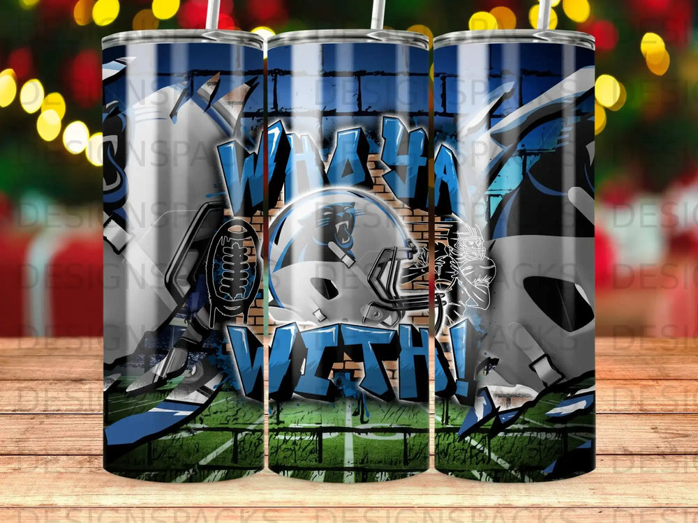 Carolina Panthers helmet with graffiti text "WAAAAY MATH" on a stadium background.