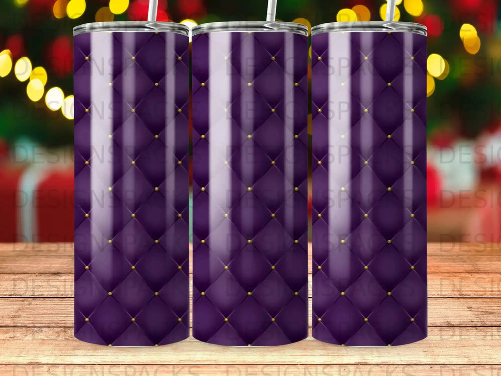 Purple tumbler with quilted texture and gold button accents.