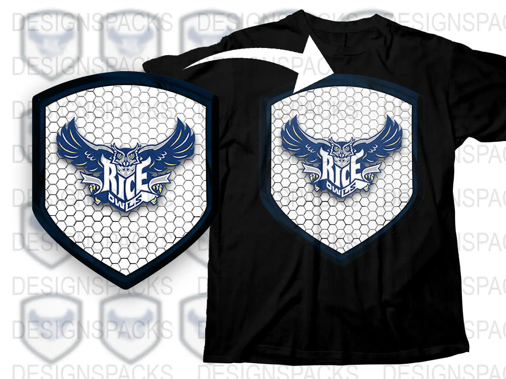 Rice Owls Graphic T-Shirt, Men's Sports Team Logo Shirt, Black Hexagonal Pattern Tee, Athletic Casual Wear