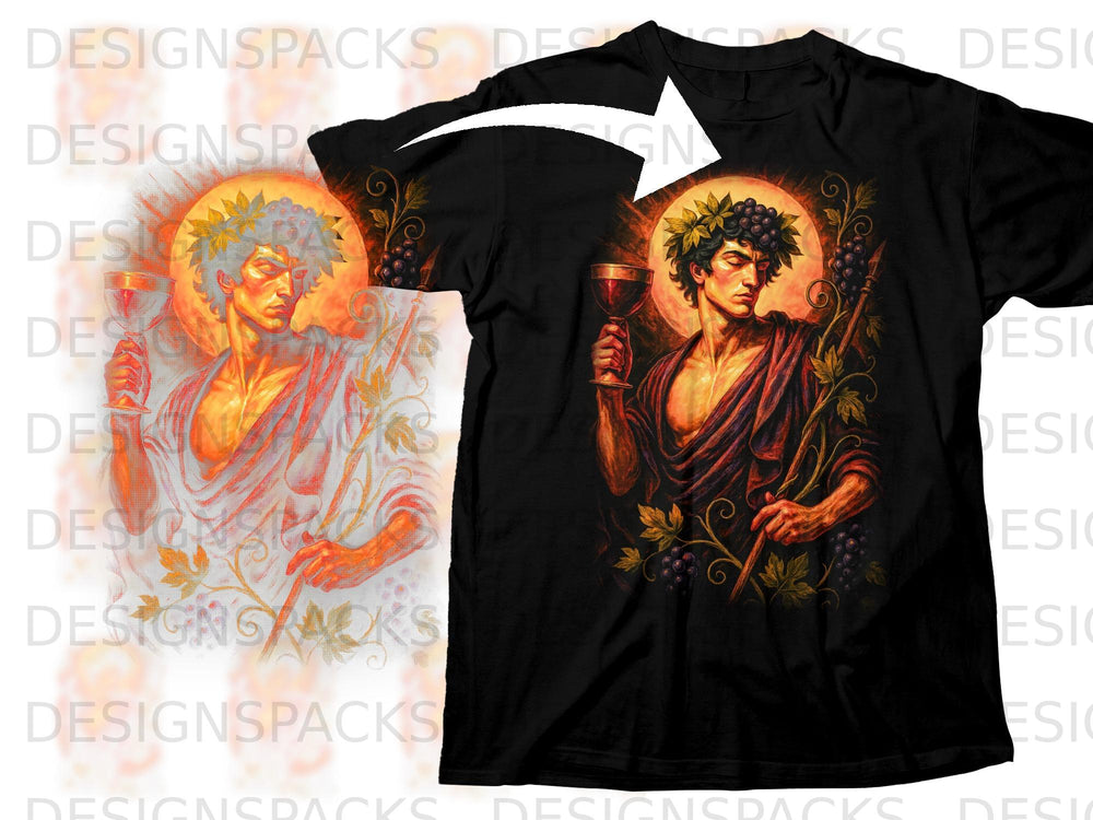 Black t-shirt with Roman figure wearing laurel wreath holding wine goblet.