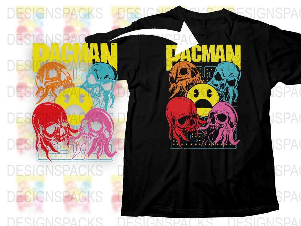 Vintage Pacman T-Shirt Retro Arcade Game Graphic Tee Colorful Skull Design Unisex Fashion
