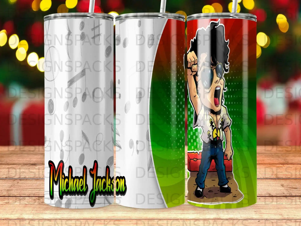 Michael Jackson cartoon illustration on a tumbler with abstract background.