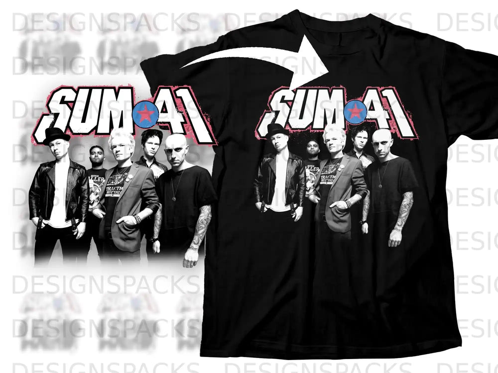 Sum 41 band members with "Sum 41" logo on black t-shirt.