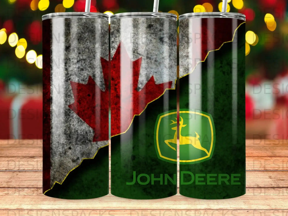 Canada flag and John Deere logo on a tumbler.