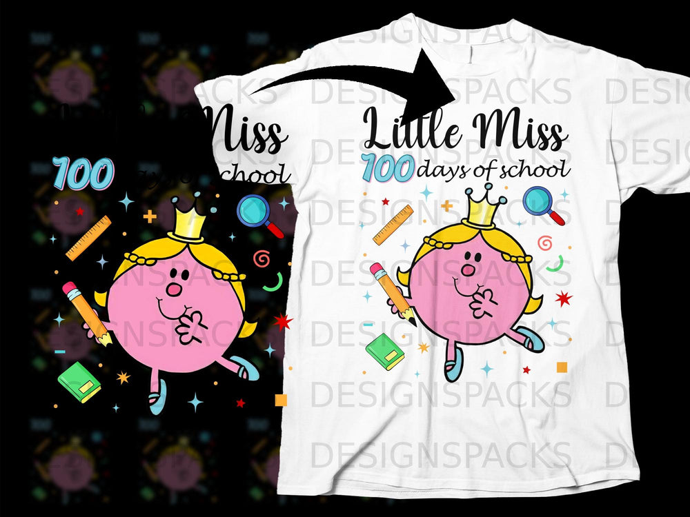 Little Miss 100 days of school graphic with a pink character and school icons.