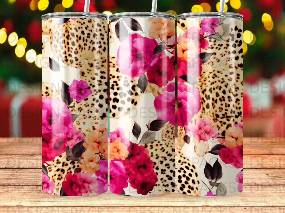 Floral and leopard print tumbler with pink and orange flowers.
