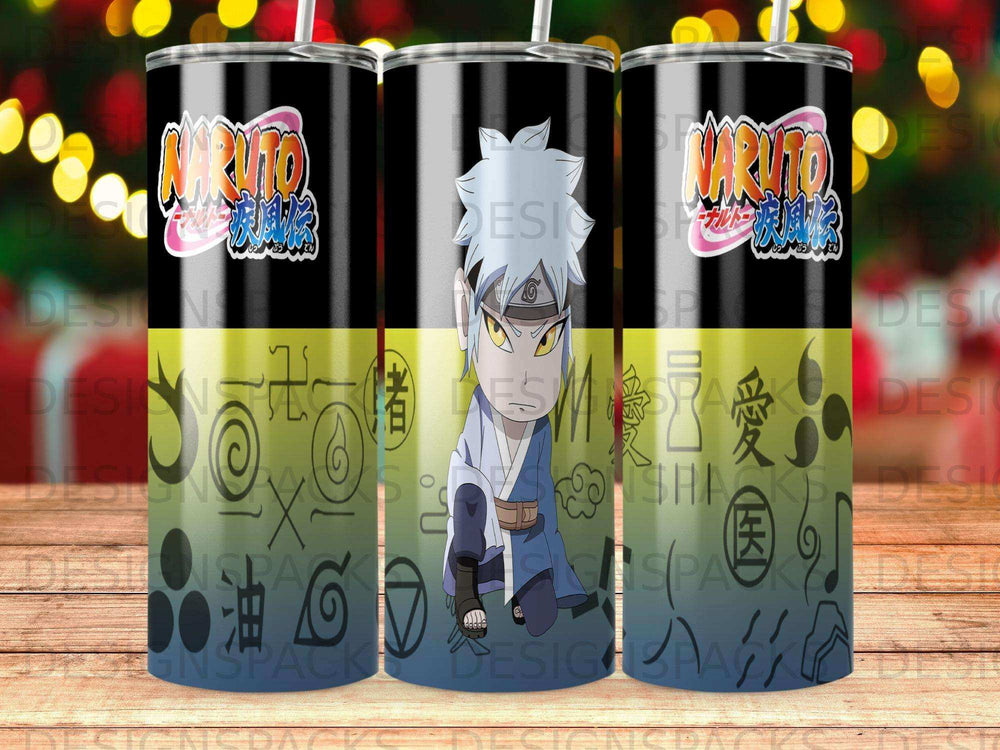 Naruto Shippuden character Boruto Uzumaki on a black tumbler with colorful graphic elements.