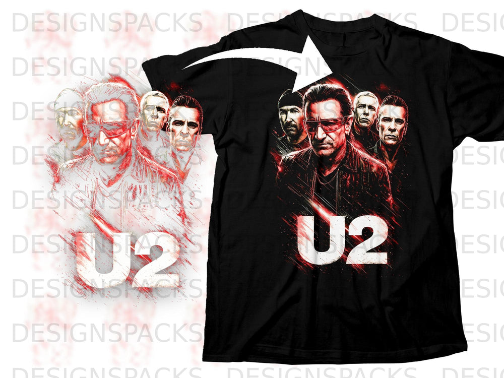 Black t-shirt with a graphic of the band U2 and the band's name in white letters.
