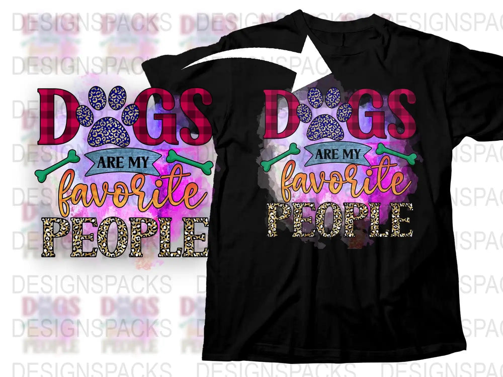 'Dogs Are My Favorite People' T-Shirt, Colorful Paw Print Design, Casual Black Tee for Dog Lovers.