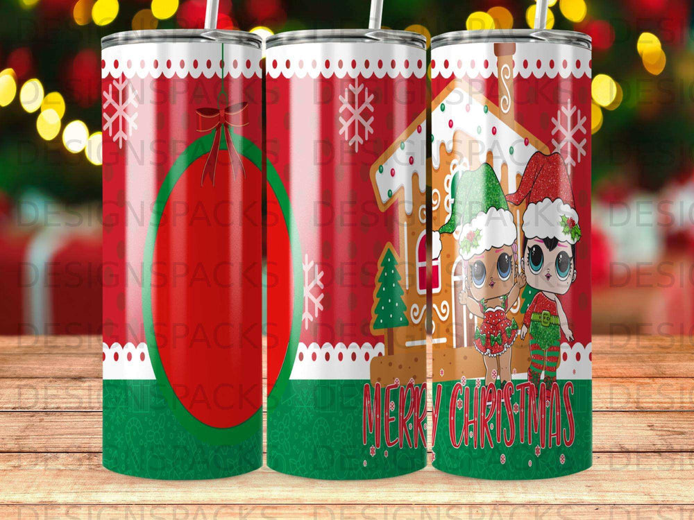 Gingerbread house and ornaments on a red and white striped tumbler.