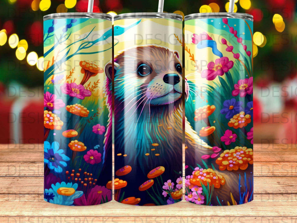 Otter with colorful flowers and bokeh lights background.
