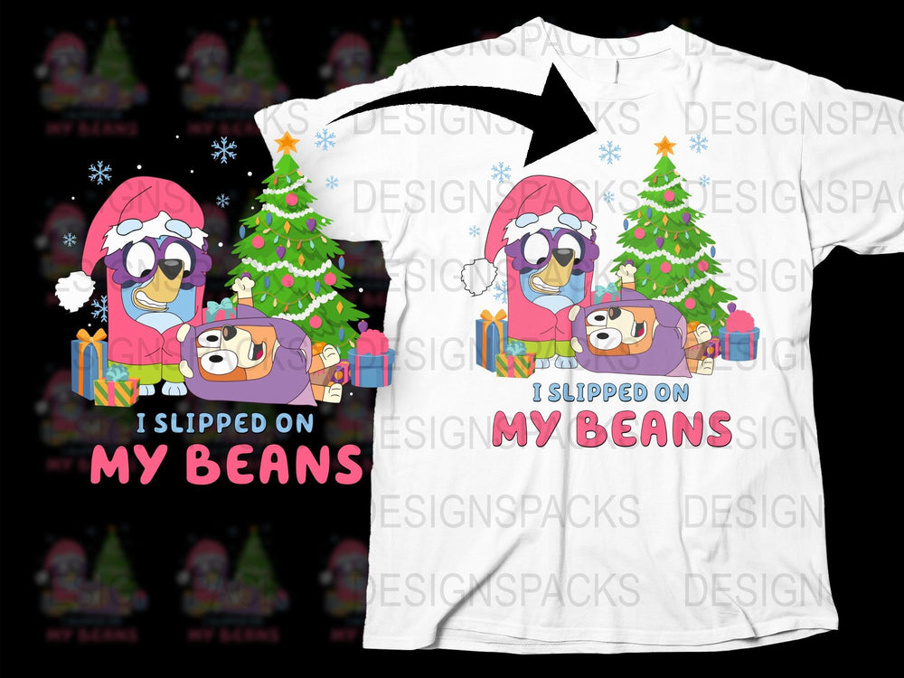 Funny Christmas T-Shirt, Slipped on My Beans Cartoon Graphic Tee, Holiday Festive Apparel for All Ages
