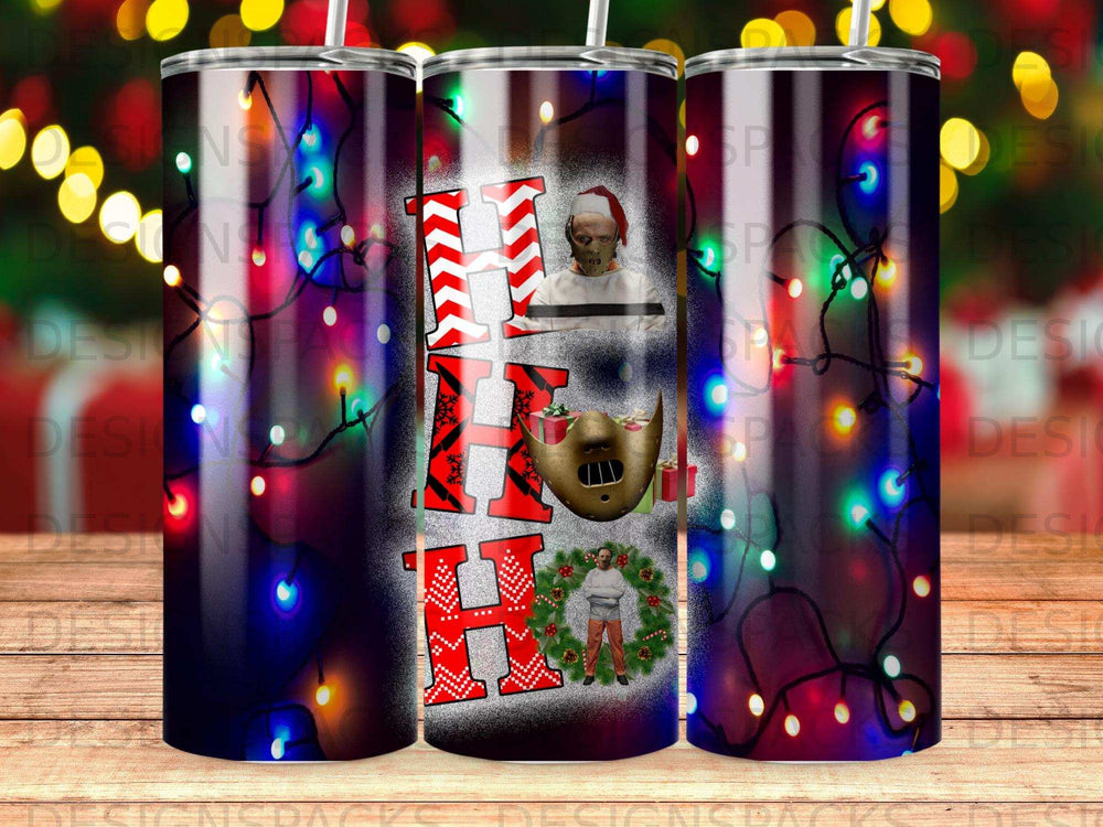 Red and white "HO HO HO" text with holiday lights and a creepy figure.