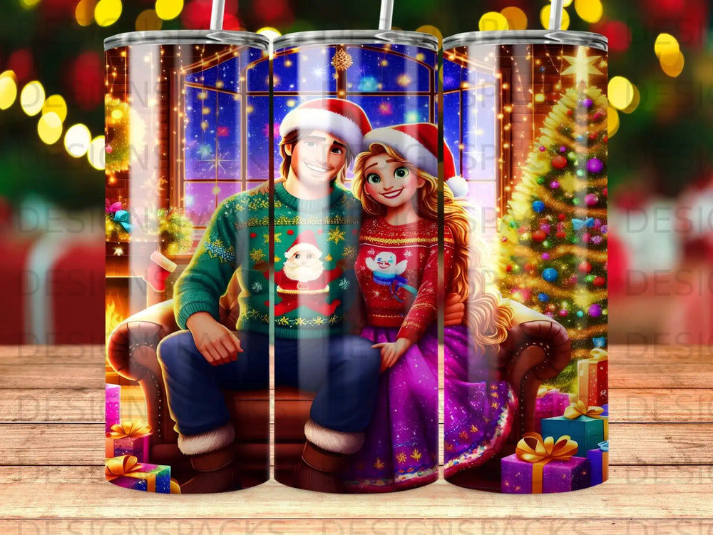 Couple in festive sweaters celebrating Christmas by a tree and fireplace.