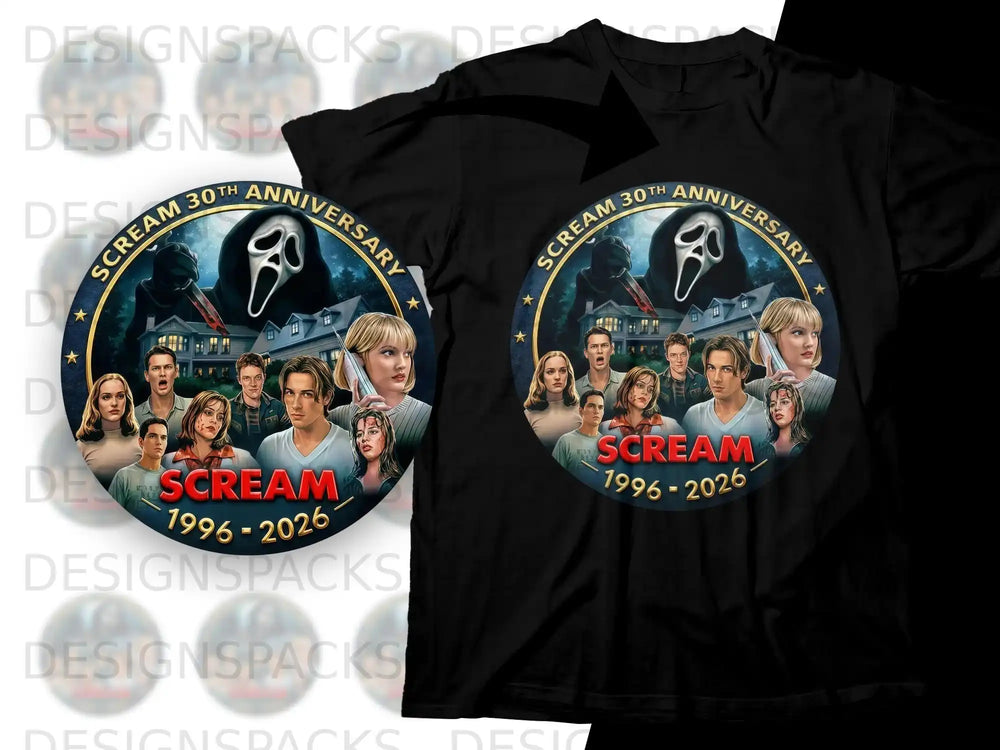 Scream 30th Anniversary 1996-2026 t-shirt graphic with cast and Ghostface.
