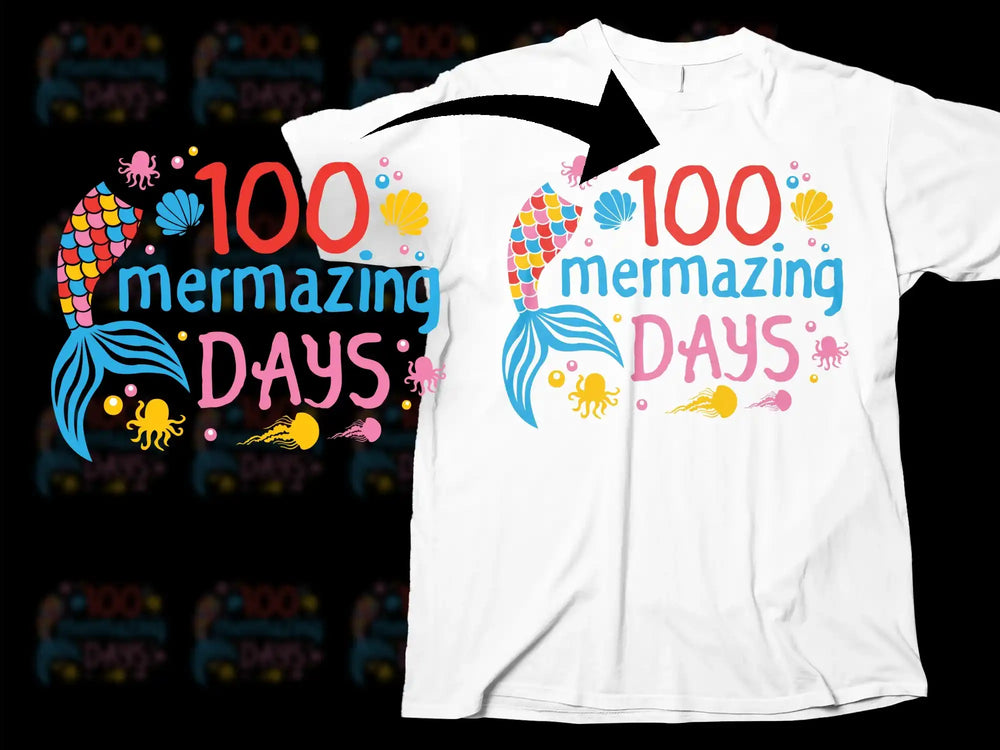 100 Mermaizing Days T-Shirt, Colorful Mermaid Tail Design, Kids School Celebration, Graphic Tee for Children