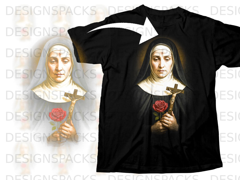 Black t-shirt with painting of a nun holding a crucifix and a red rose.