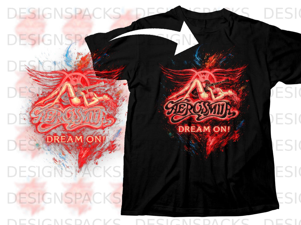 Black t-shirt with Aerosmith logo and "Dream On!" text featuring stylized wings.