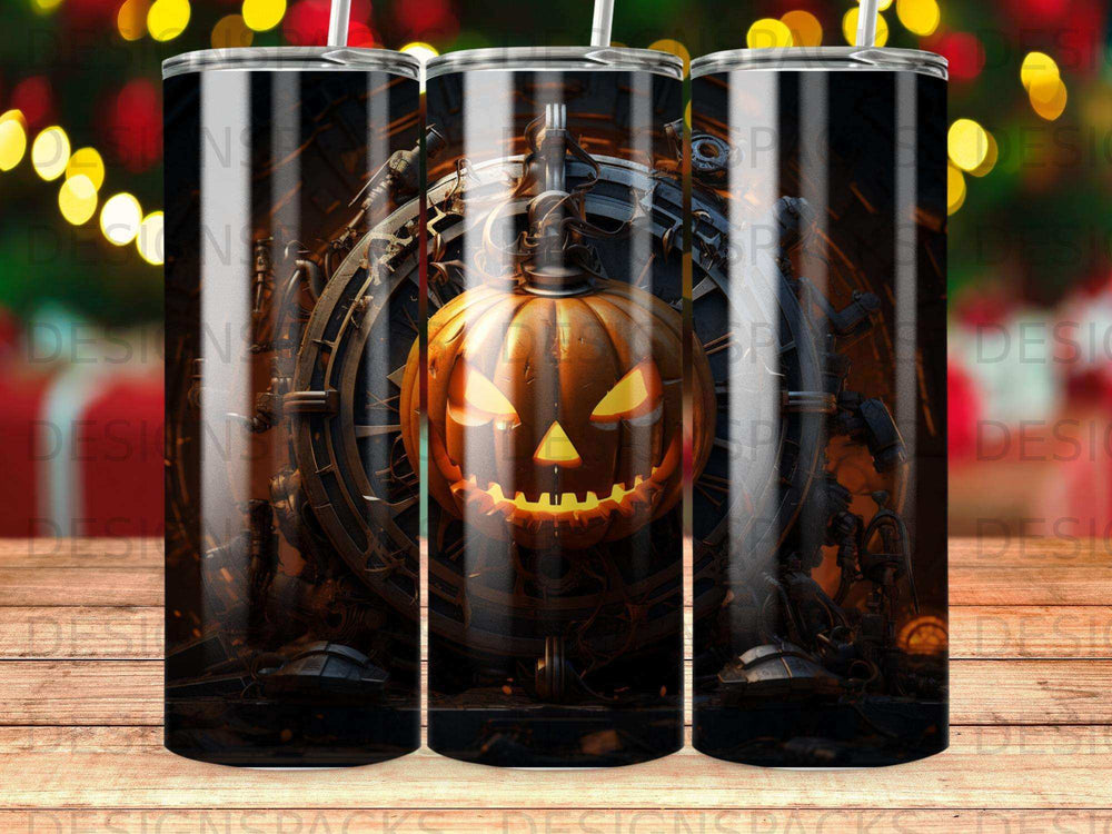 Jack-o'-lantern with gears and lights on a Halloween-themed tumbler.