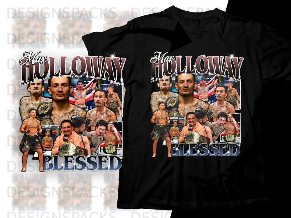 Max Holloway "Blessed" t-shirt featuring fighter and championship belt images.