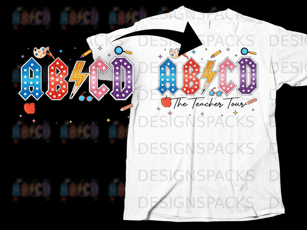 "ABCD" text with school-themed elements and "The Teacher Tour" slogan.