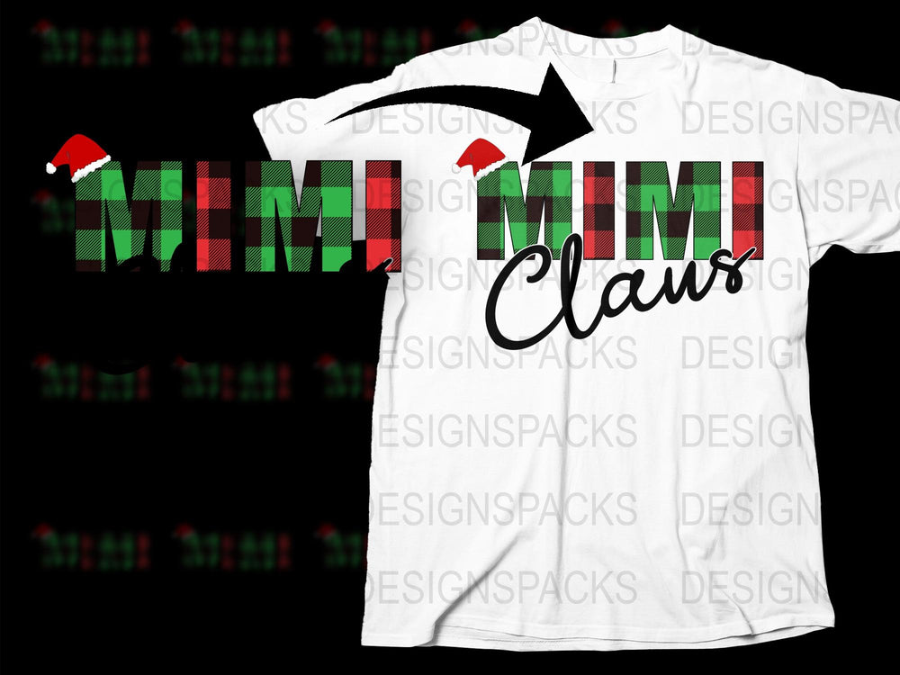 Christmas Mimi Claus T-Shirt, Festive Holiday Family Matching Tees, Red and Green Plaid Design