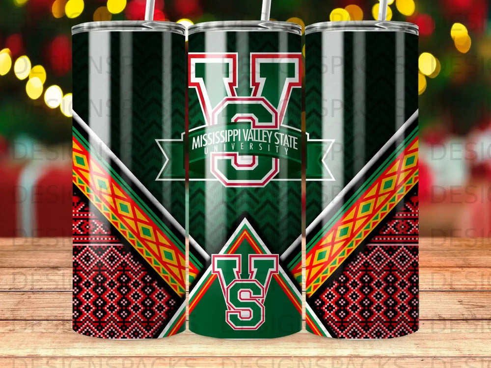 Mississippi Valley State University tumbler with school logo and patterned design.