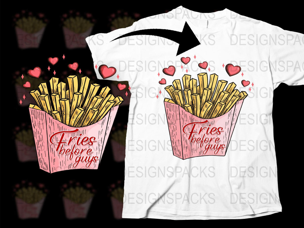 Fun Fries Before Guys T-Shirt, Cute Graphic Tee, Pink Love Hearts, Casual Women's Fashion Top