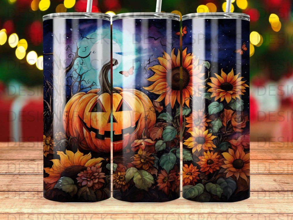 Halloween pumpkin with sunflowers and butterflies, digital art.