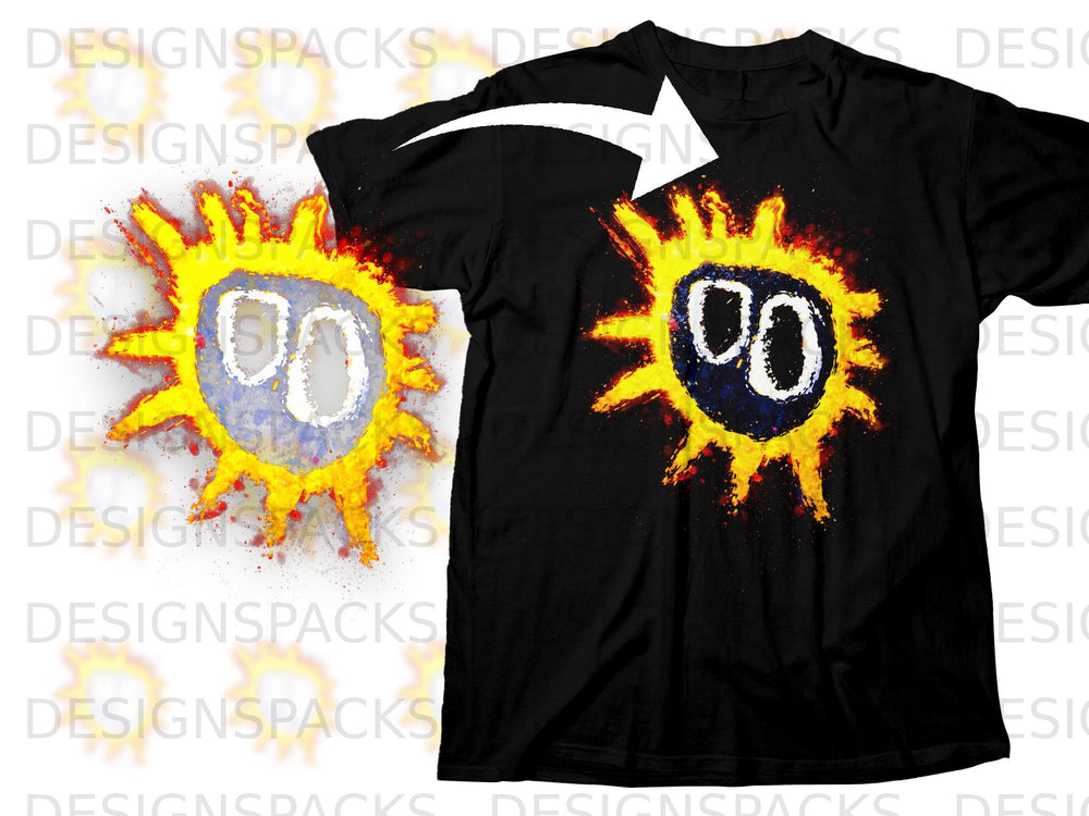 Black t-shirt with a distressed sun graphic featuring white eyes and dark center.