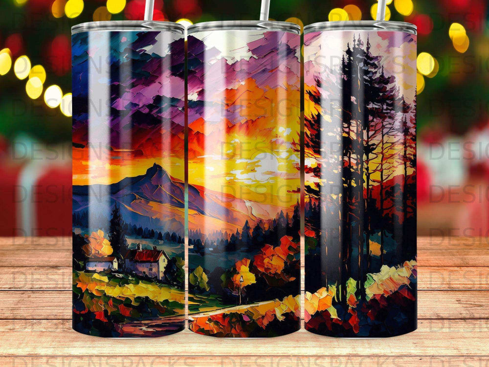 Sunset over mountains and trees, abstract textured art on three tumblers.